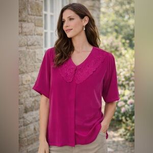 VINTAGE Pink Lace Embroidered Oversized Collar Blouse Size 6